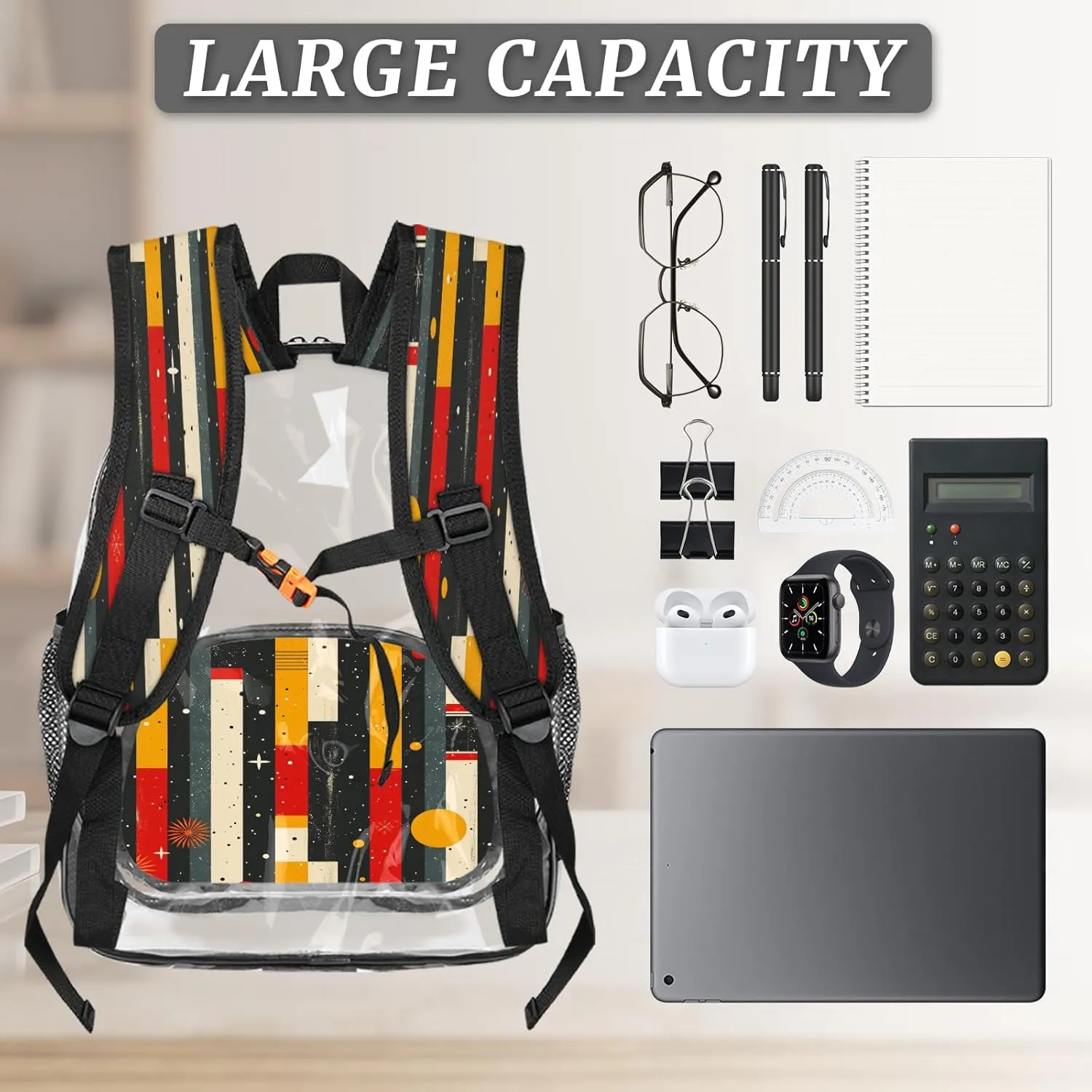KOBLEN Geometric Stripe Stars 14.2 Inch Clear Backpack, Heavy Duty Transparent PVC Daypack with Adjustable Padded Straps, Large Capacity Clear Bag for Festival, Concerts, Travel