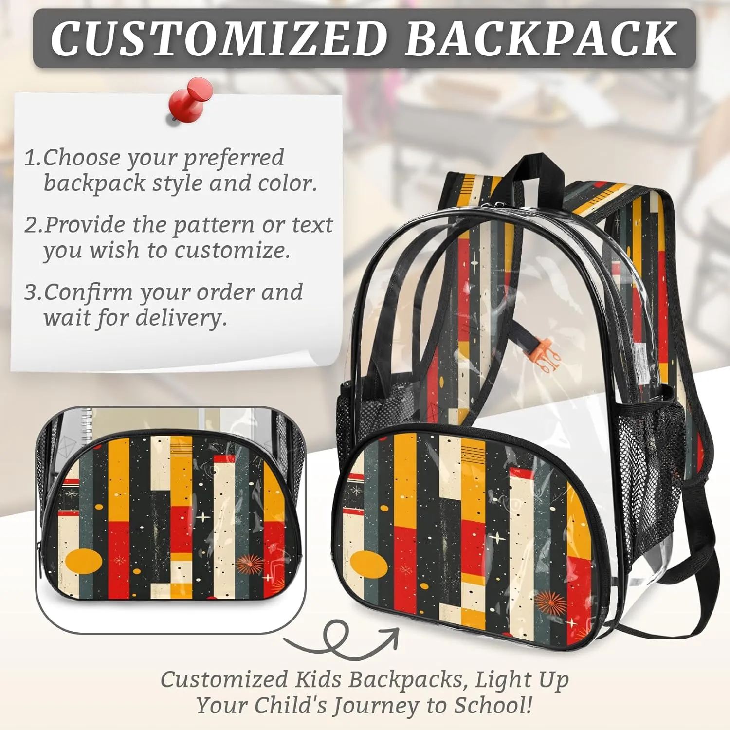 KOBLEN Geometric Stripe Stars 14.2 Inch Clear Backpack, Heavy Duty Transparent PVC Daypack with Adjustable Padded Straps, Large Capacity Clear Bag for Festival, Concerts, Travel