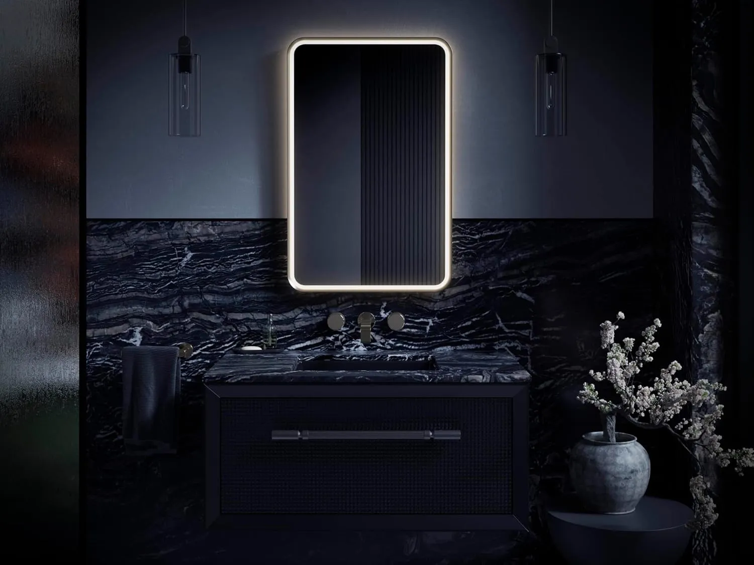 KOHLER Essential Ultrabright Lighted Mirror, 22" x 34", Rectangular Design, Bright LED Lighting, Modern Bathroom Mirror, Brushed Nickel, K-38023-DLM-BNL