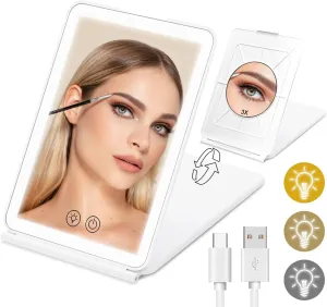 KOOKIN Travel Makeup Mirror with Lights and Magnification 3X, Lighted Makeup Mirror, Rechargeable, 3 Color Lighting, Dimmable, Compact Vanity Mirrors with Lights (White)