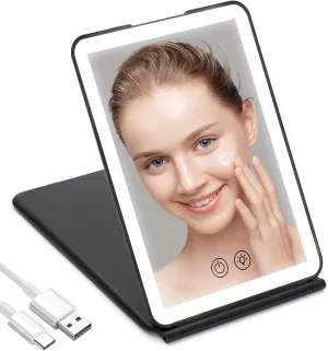 KOOKIN Travel Makeup Mirror with Lights, Lighted Makeup Mirror, Rechargeable, 3 Color Lighting, Dimmable, Compact Vanity Mirrors with Lights (Black)