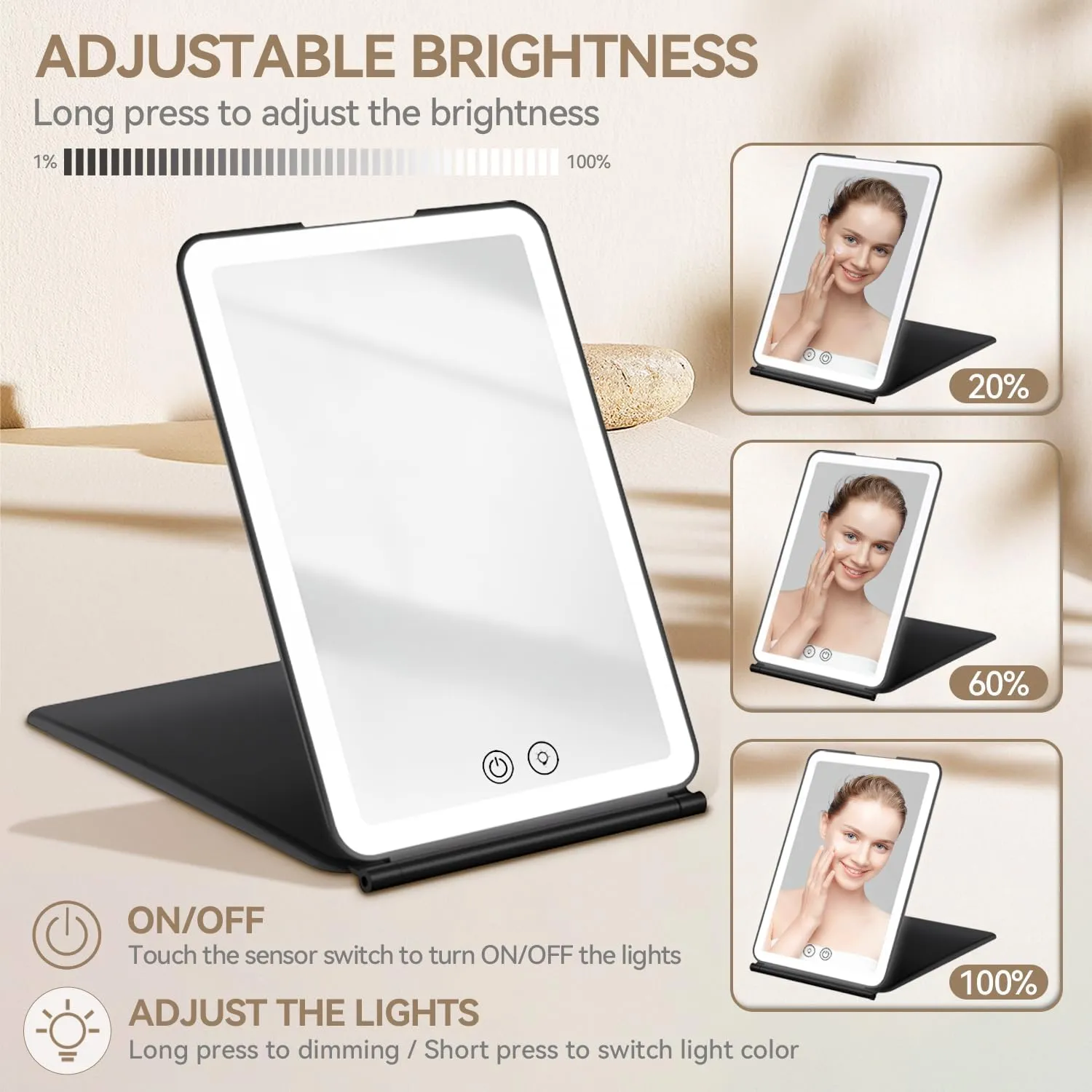 KOOKIN Travel Makeup Mirror with Lights, Lighted Makeup Mirror, Rechargeable, 3 Color Lighting, Dimmable, Compact Vanity Mirrors with Lights (Black)