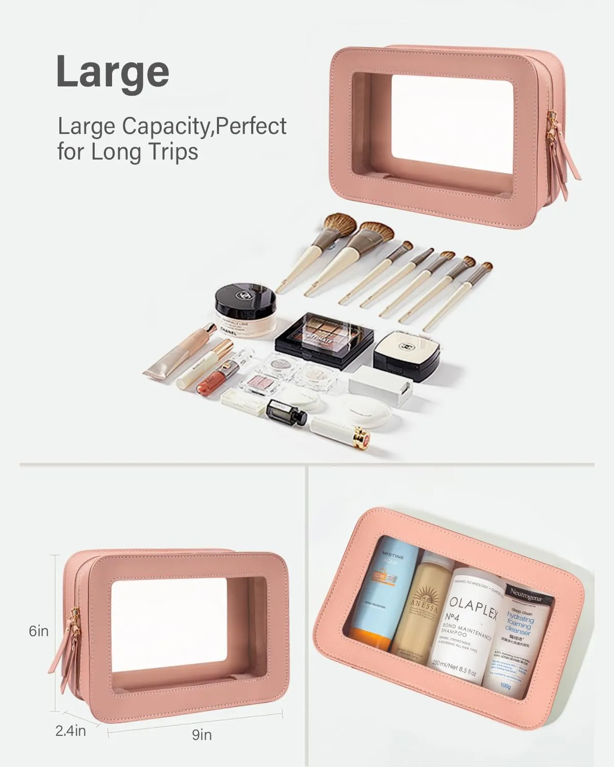 KOTORA Clear Makeup Bag Set for Women Portable Clear Make up Bag Cute Waterproof Travel Cosmetic Bag Toiletry Bag for Car Essentials Bag (Pink)