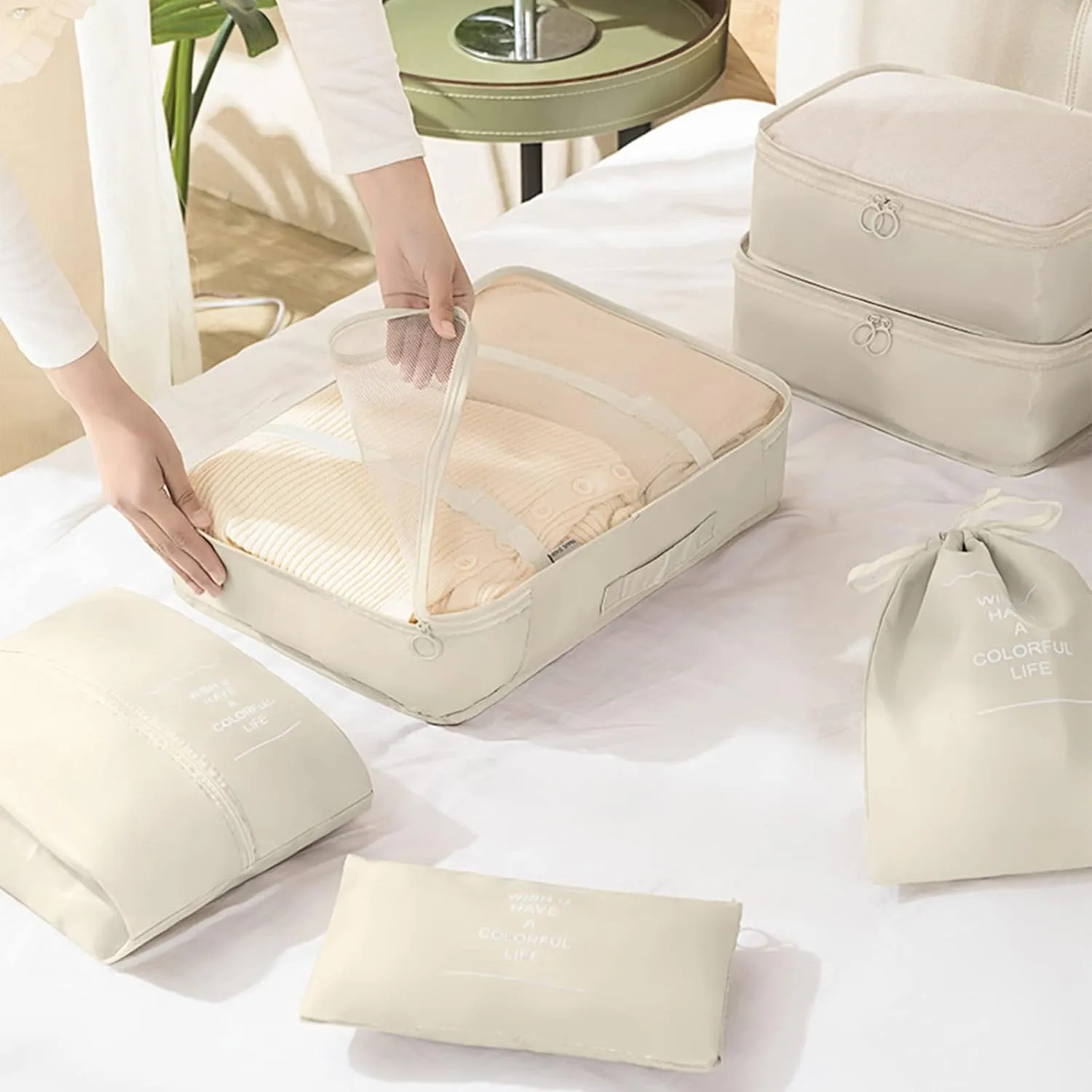 KPX 8 Set Packing Cubes for Travel, Luggage Packing Organizers Accessories Large Toiletries Bag for Clothes Shoes Cosmetics (Beige)