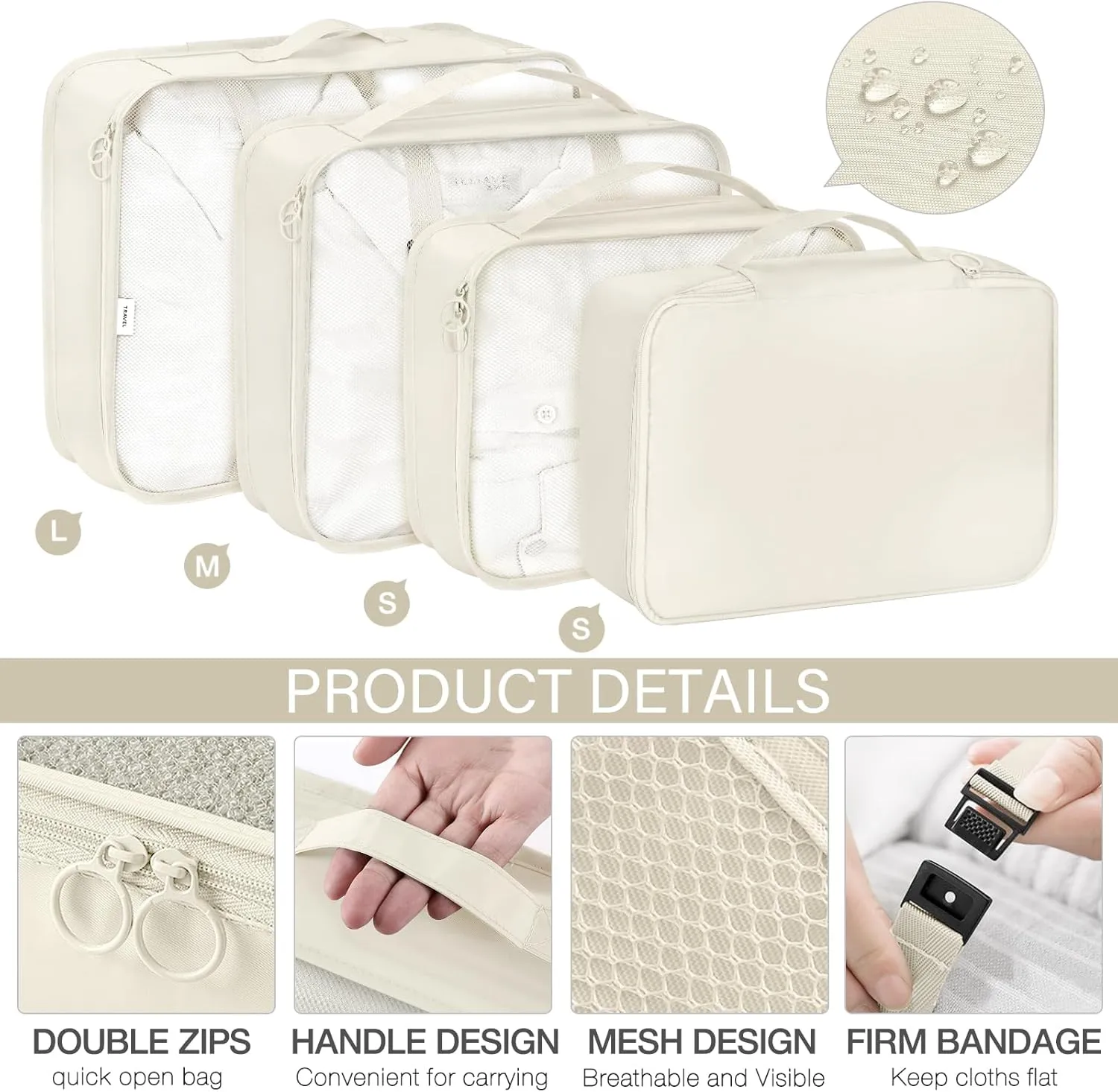 KPX 8 Set Packing Cubes for Travel, Luggage Packing Organizers Accessories Large Toiletries Bag for Clothes Shoes Cosmetics (Beige)