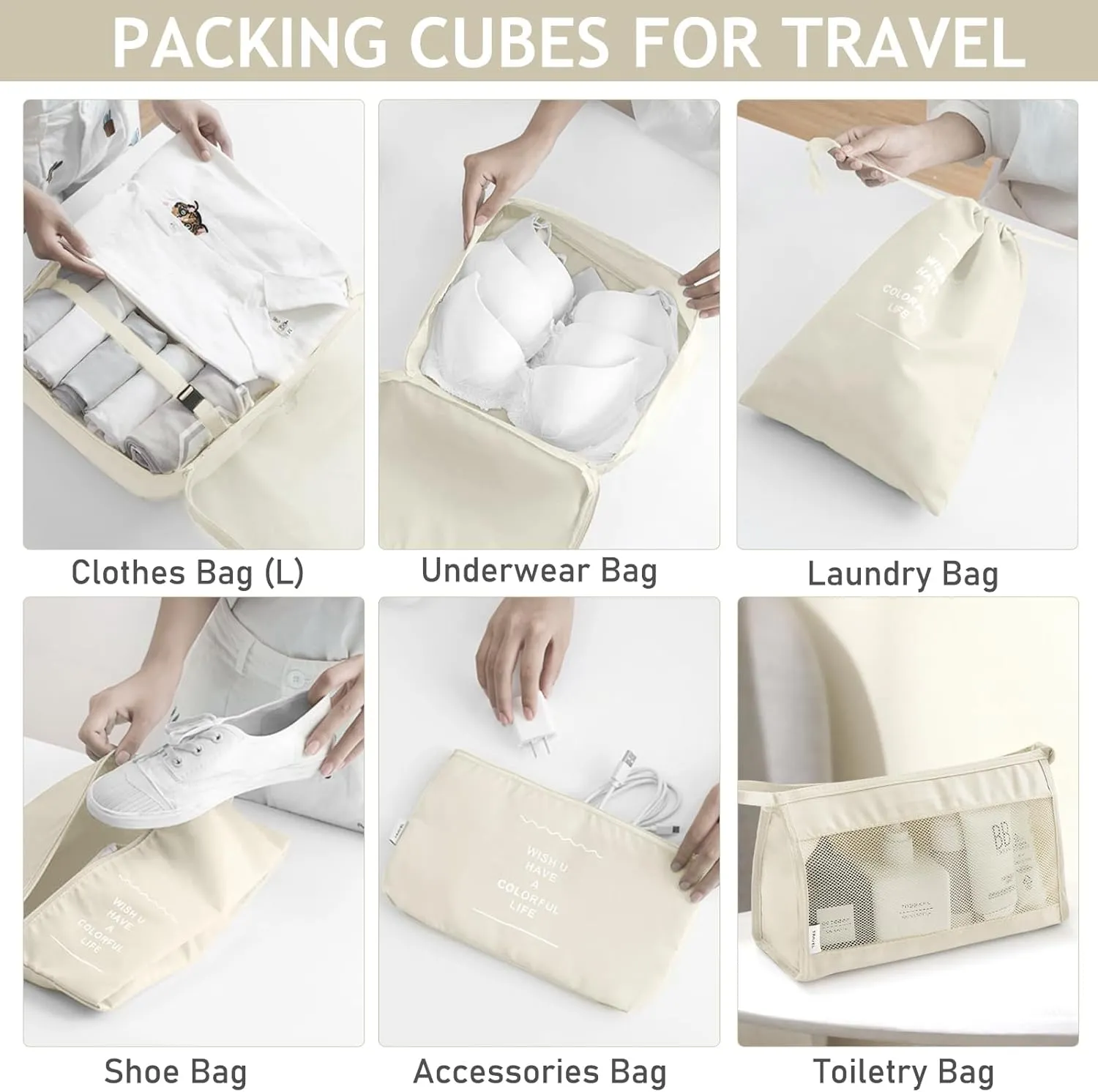 KPX 8 Set Packing Cubes for Travel, Luggage Packing Organizers Accessories Large Toiletries Bag for Clothes Shoes Cosmetics (Beige)