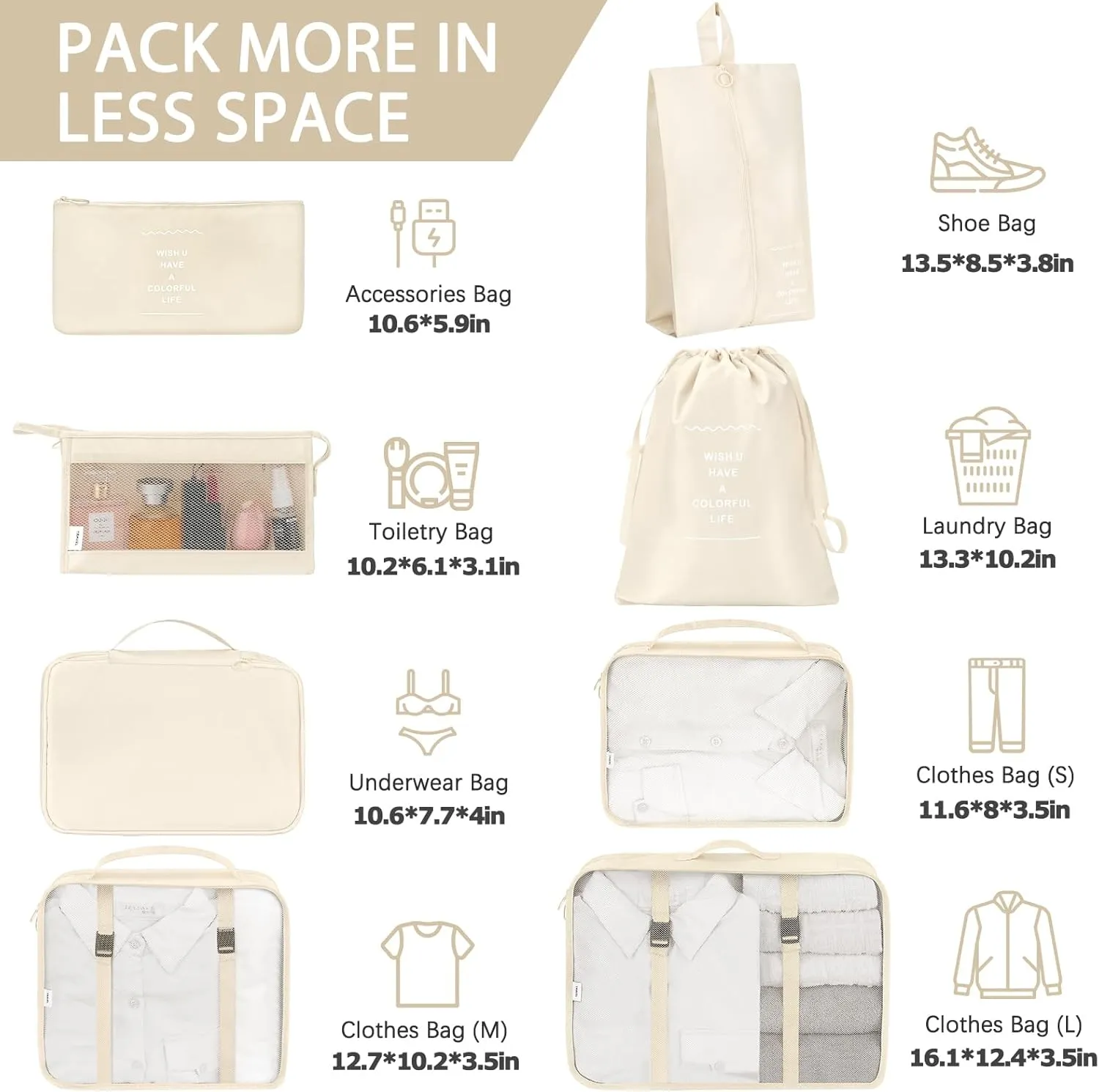 KPX 8 Set Packing Cubes for Travel, Luggage Packing Organizers Accessories Large Toiletries Bag for Clothes Shoes Cosmetics (Beige)