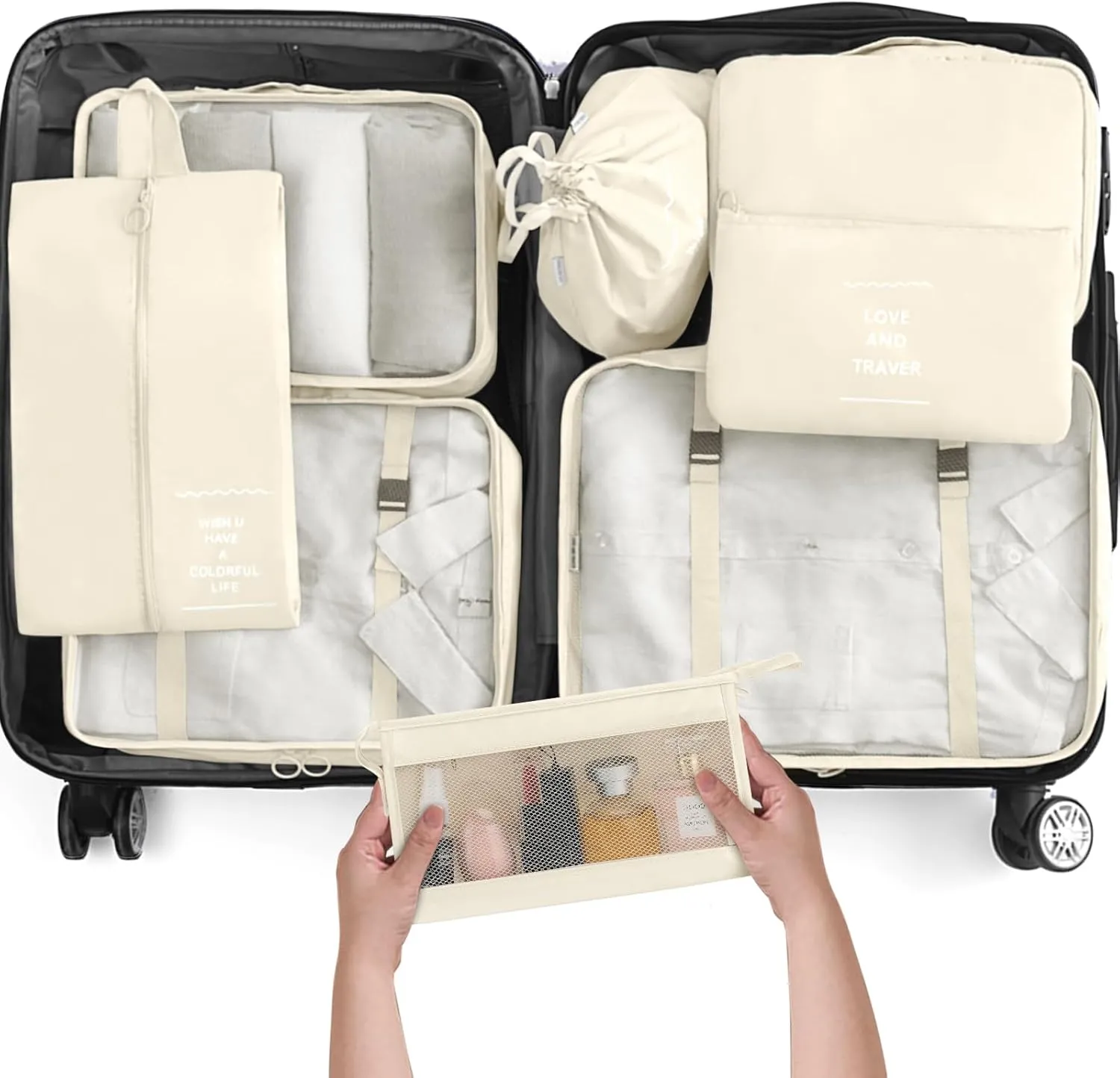 KPX 8 Set Packing Cubes for Travel, Luggage Packing Organizers Accessories Large Toiletries Bag for Clothes Shoes Cosmetics (Beige)