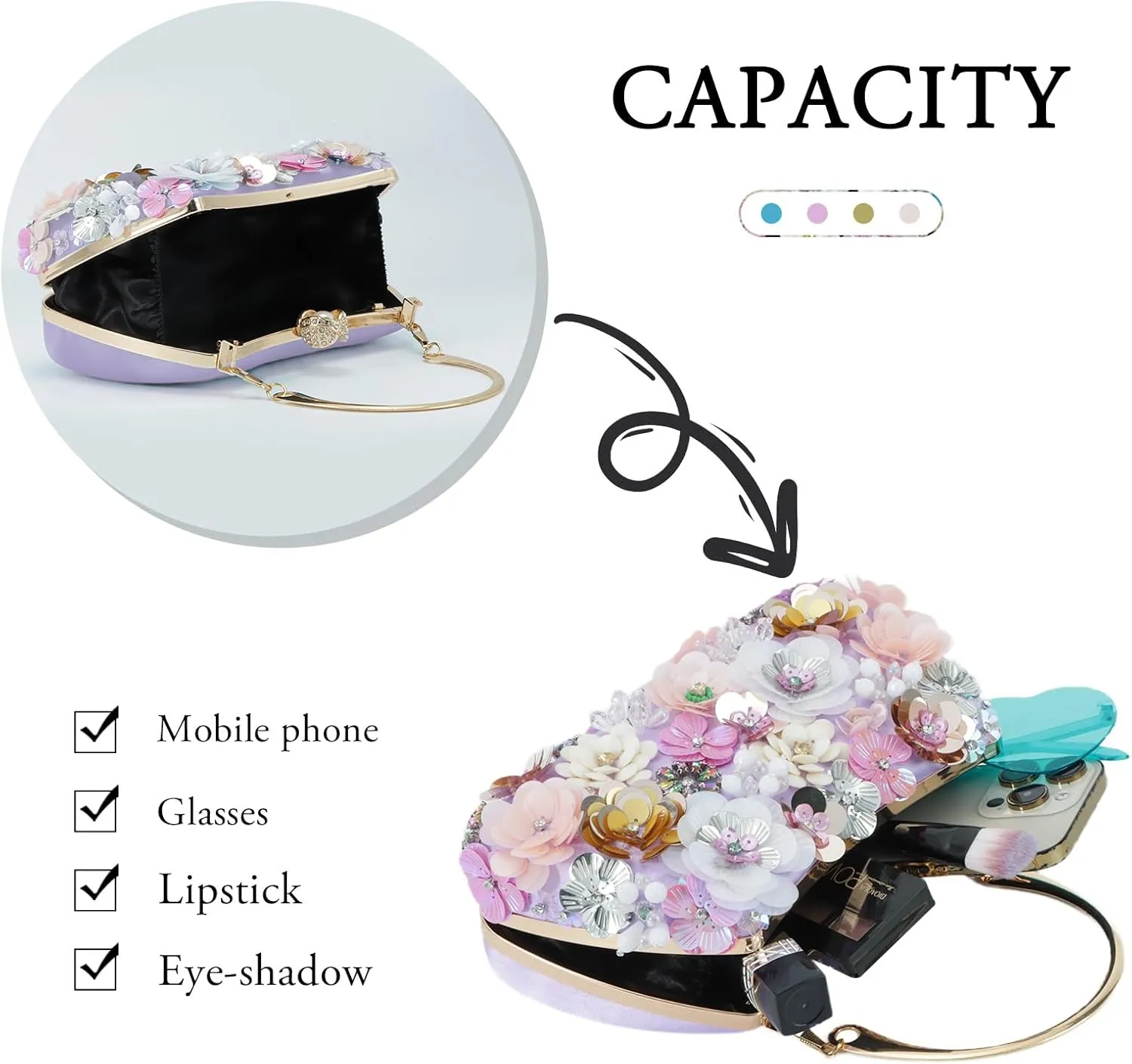 Lanpet Clutch Purses for Women Flower Evening Handbag Chain Strap Shoulder Bag for Formal Wedding Party