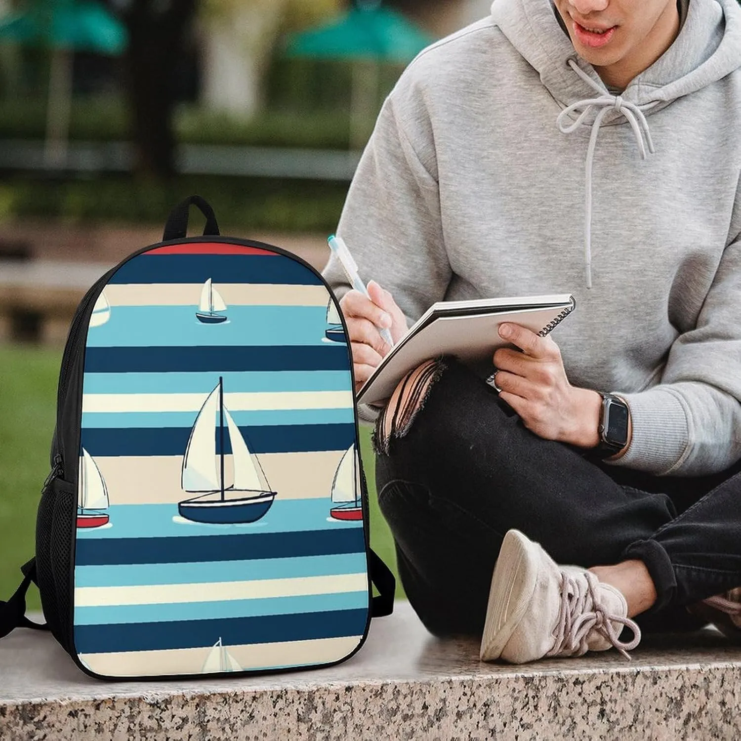 Laptop Backpack for Men 17 Inch Cute Nautical Stripes Work Casual Backpack Lightweight Travel Shoulder Bag