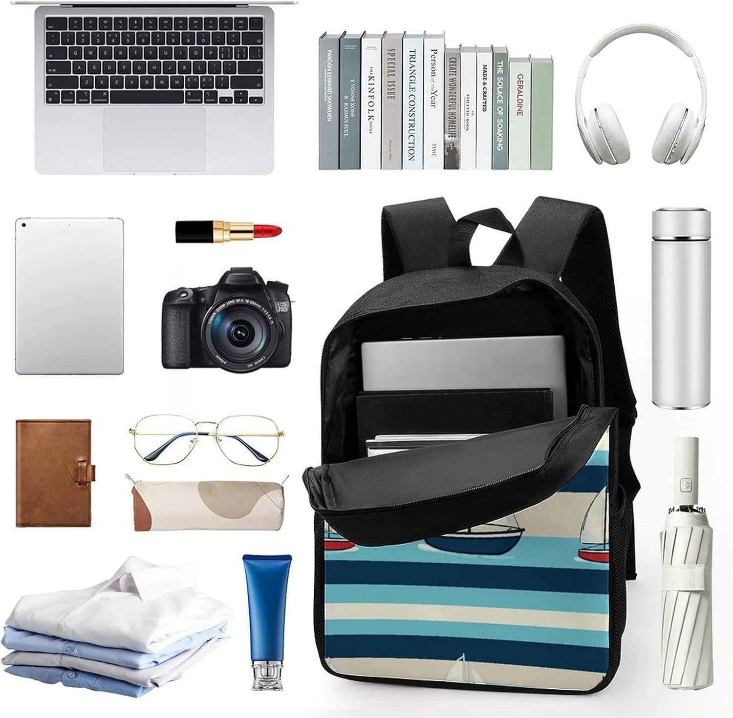 Laptop Backpack for Men 17 Inch Cute Nautical Stripes Work Casual Backpack Lightweight Travel Shoulder Bag
