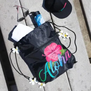 Large Aloha Draw String Beach Tote Shoulder Diaper Gym Hawaii Travel Pool Overnight Carry On Grocery Bag with 1 Aloha Sticker