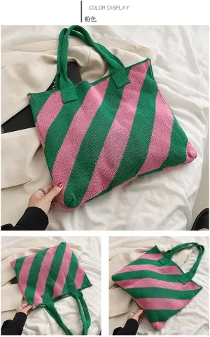 Large Capacity Tote Bag stripe Women Knitting Shoulder Bags Summer Beach Handbag