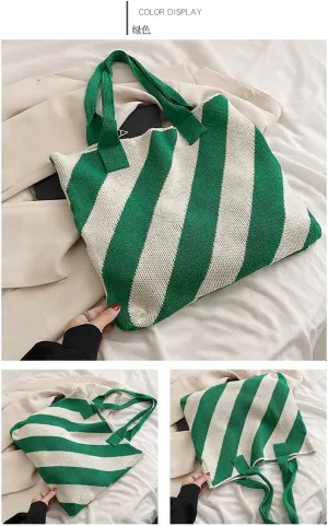 Large Capacity Tote Bag stripe Women Knitting Shoulder Bags Summer Beach Handbag