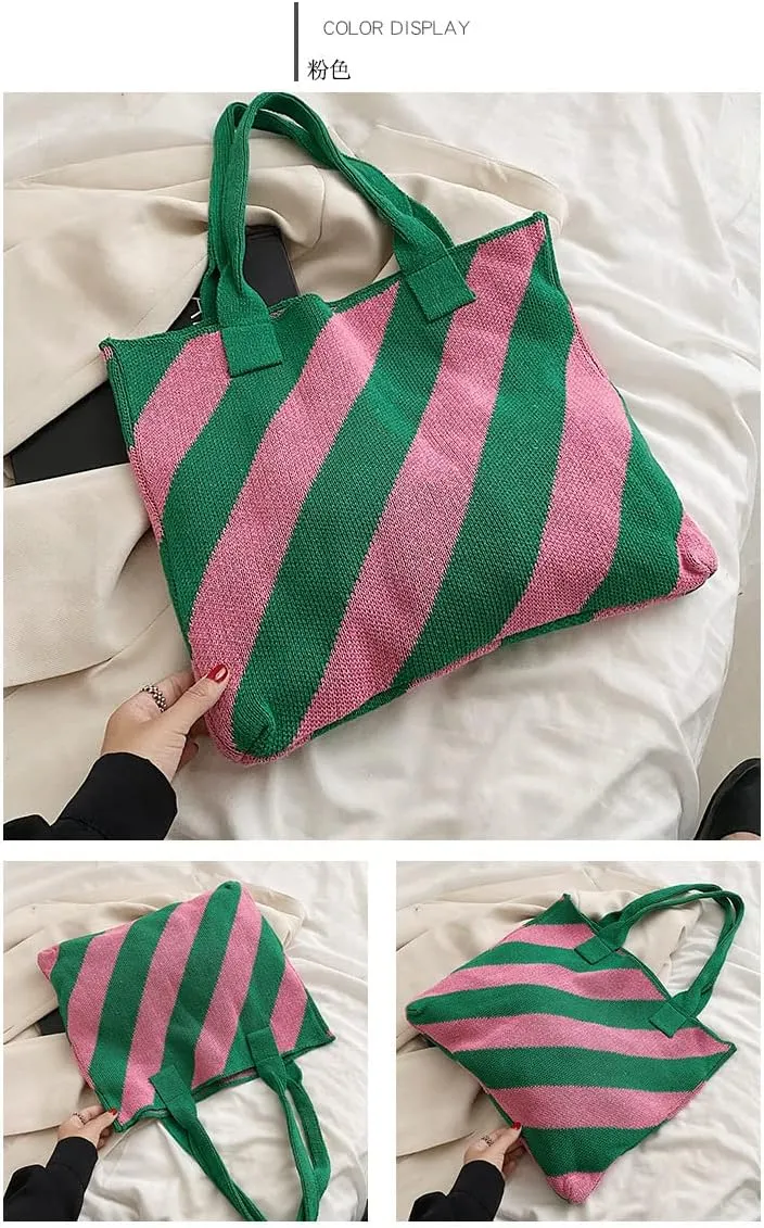 Large Capacity Tote Bag stripe Women Knitting Shoulder Bags Summer Beach Handbag