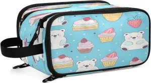 Large Capacity Travel Cosmetic Bag for Women Cute Cartoon Bear Travel Portable Cosmetic Pouch With Handle and Divider Flat Lay Bag Organizer Toiletry Bag Makeup Box for Skincare Cosmetics