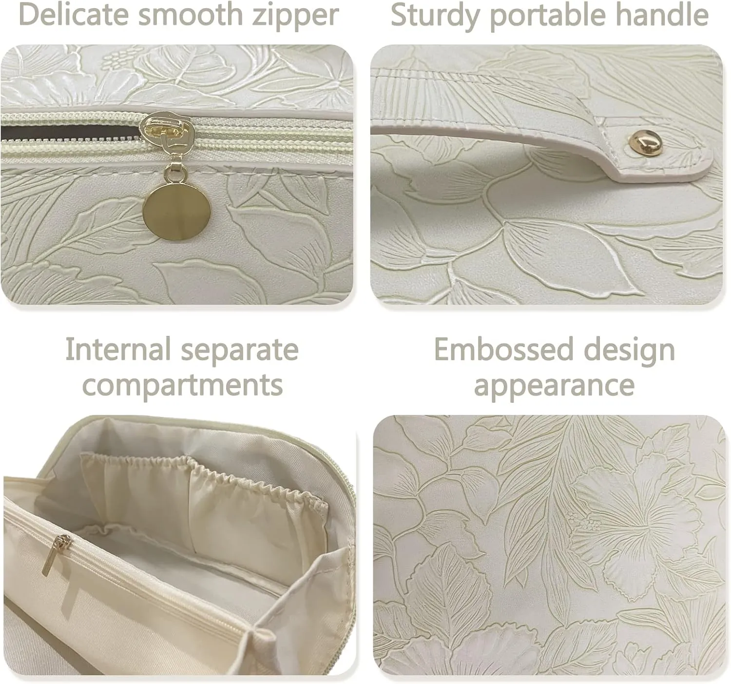 Large Capacity Travel Makeup Bag Cosmetic Bag with Compartment Waterproof PU Leather Makeup Bag for Women and Girl Travel Portable Floral White Makeup Bag