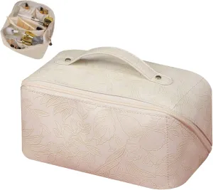Large Capacity Travel Makeup Bag Cosmetic Bag with Compartment Waterproof PU Leather Makeup Bag for Women and Girl Travel Portable Floral White Makeup Bag