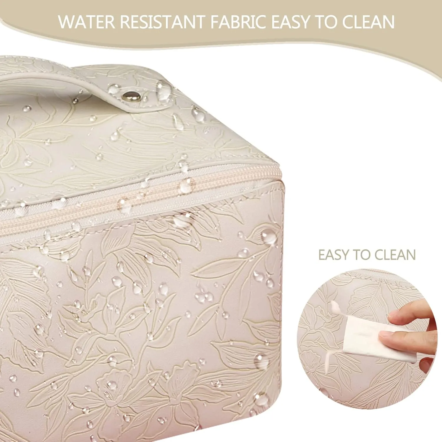Large Capacity Travel Makeup Bag Cosmetic Bag with Compartment Waterproof PU Leather Makeup Bag for Women and Girl Travel Portable Floral White Makeup Bag