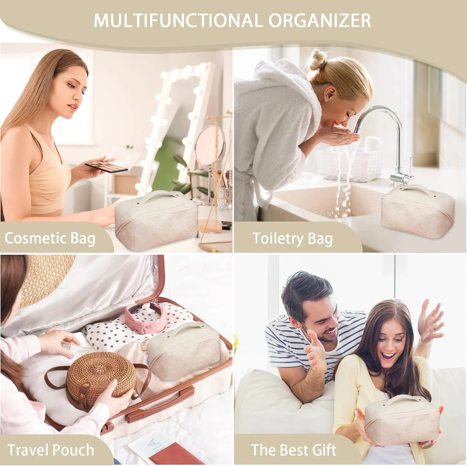 Large Capacity Travel Makeup Bag Cosmetic Bag with Compartment Waterproof PU Leather Makeup Bag for Women and Girl Travel Portable Floral White Makeup Bag