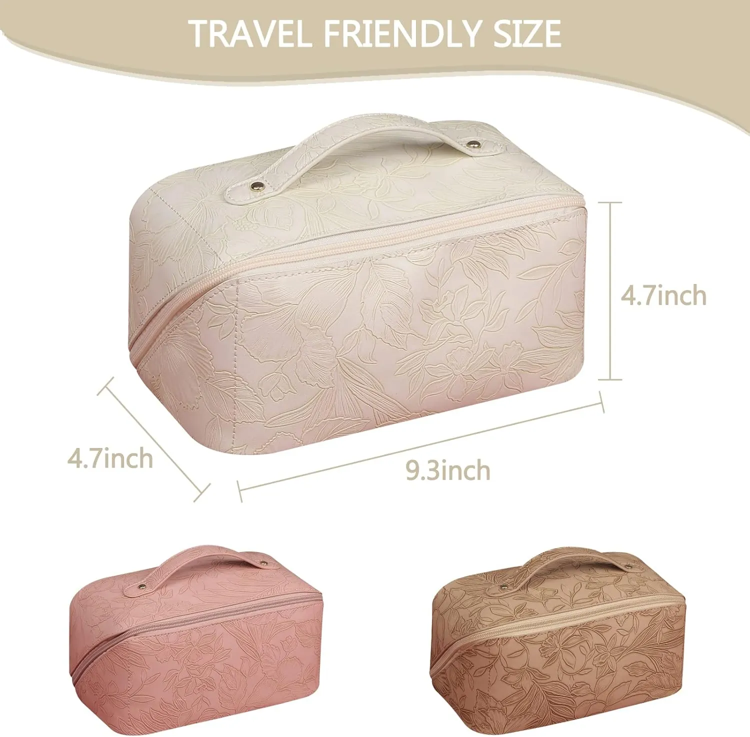 Large Capacity Travel Makeup Bag Cosmetic Bag with Compartment Waterproof PU Leather Makeup Bag for Women and Girl Travel Portable Floral White Makeup Bag