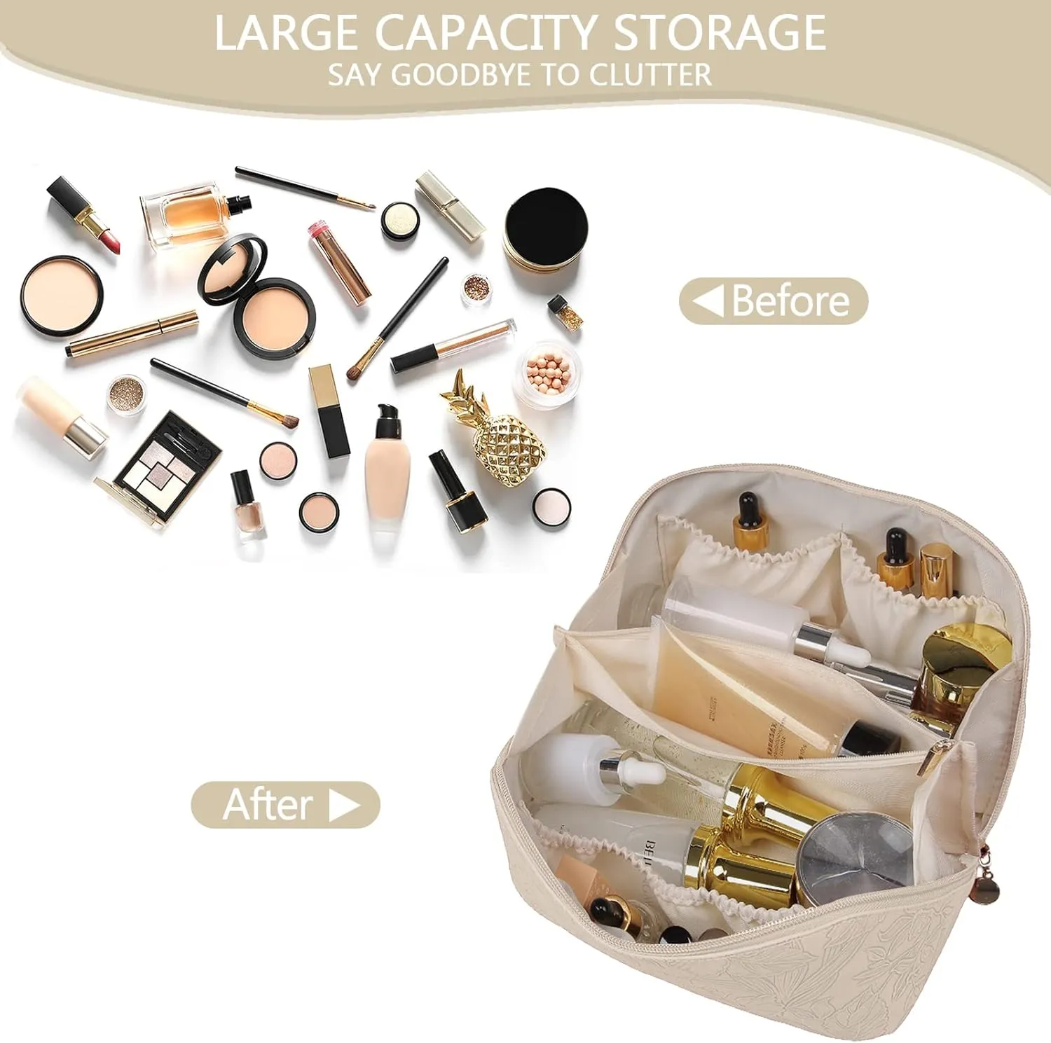 Large Capacity Travel Makeup Bag Cosmetic Bag with Compartment Waterproof PU Leather Makeup Bag for Women and Girl Travel Portable Floral White Makeup Bag