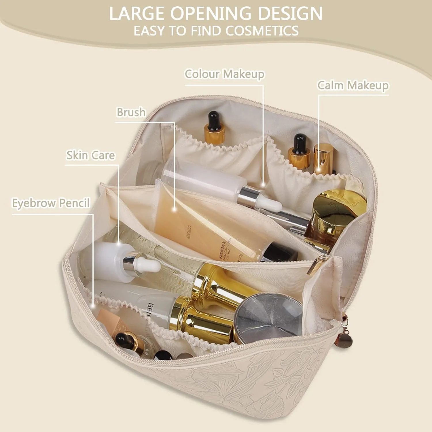 Large Capacity Travel Makeup Bag Cosmetic Bag with Compartment Waterproof PU Leather Makeup Bag for Women and Girl Travel Portable Floral White Makeup Bag