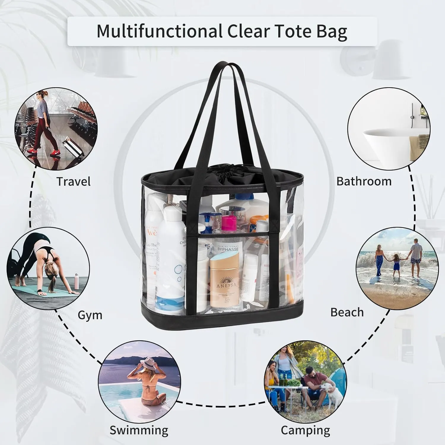 Large Clear Toiletry Bag, Travel Toiletry Bag for Women Men, Waterproof Clear Tote Bag, Transparent Makeup Bag Cosmetic Organizer Portable Bath Shower Bag for Bathroom, Gym, Beach, Swimming, Traveling