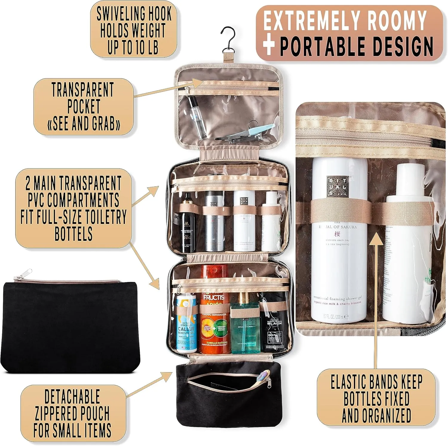 Large Hanging Travel Cosmetic Bag For Women With Jewelry Compartment - Versatile Toiletry And Cosmetic Makeup Organizer With Many Pockets (black)