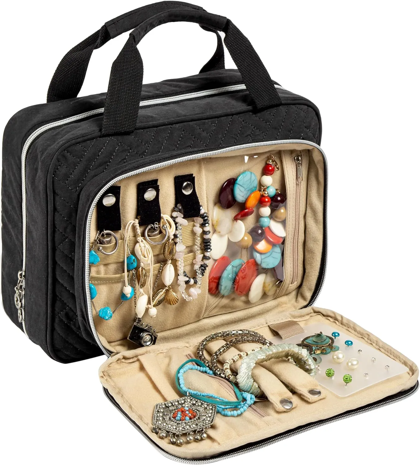 Large Hanging Travel Cosmetic Bag For Women With Jewelry Compartment - Versatile Toiletry And Cosmetic Makeup Organizer With Many Pockets (black)