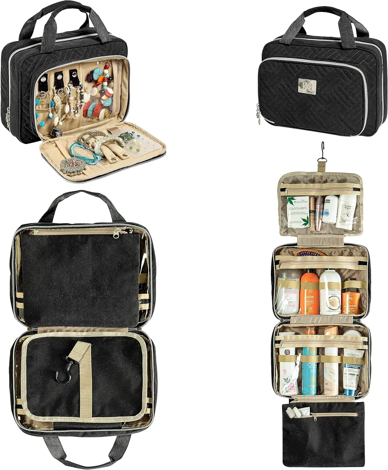 Large Hanging Travel Cosmetic Bag For Women With Jewelry Compartment - Versatile Toiletry And Cosmetic Makeup Organizer With Many Pockets (black)