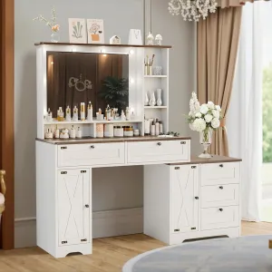 Large Makeup Vanity Table with Three Color Modes Makeup Light, Spacious Storage Makeup Vanity Desk with 5 Large Drawers, Suitable for Bedrooms and Makeup Rooms, White, 56.8-Inch