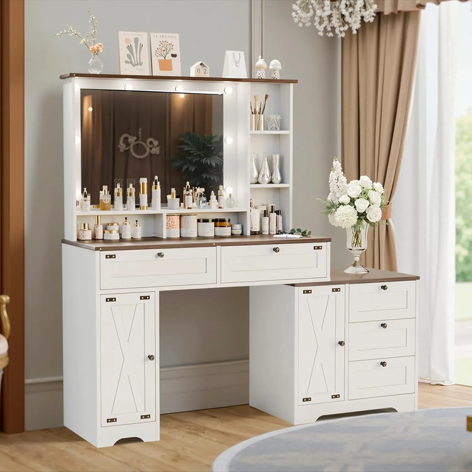 Large Makeup Vanity Table with Three Color Modes Makeup Light, Spacious Storage Makeup Vanity Desk with 5 Large Drawers, Suitable for Bedrooms and Makeup Rooms, White, 56.8-Inch
