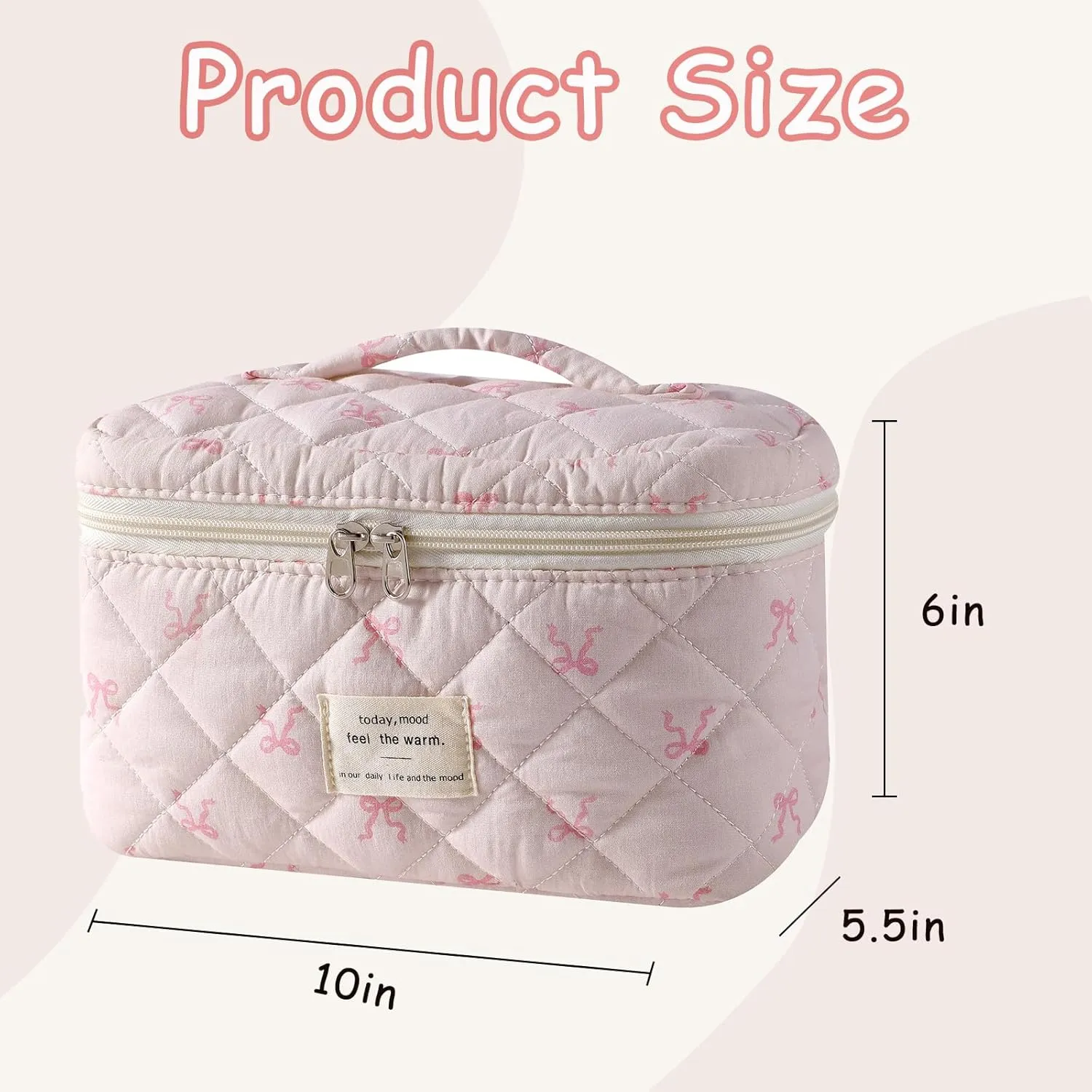 Large Quilted Makeup Bag for Women and Girls, Cute Coquette Floral Cotton Cosmetic Bag, Aesthetic Travel Organized Toiletry Bags (08Small pinkbows)