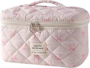 Large Quilted Makeup Bag for Women and Girls, Cute Coquette Floral Cotton Cosmetic Bag, Aesthetic Travel Organized Toiletry Bags (08Small pinkbows)