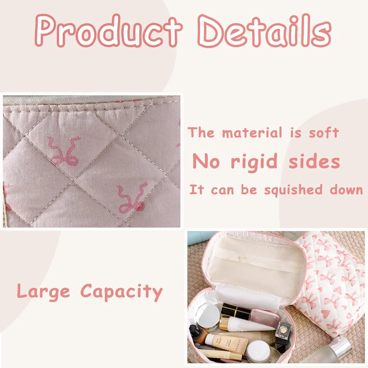 Large Quilted Makeup Bag for Women and Girls, Cute Coquette Floral Cotton Cosmetic Bag, Aesthetic Travel Organized Toiletry Bags (08Small pinkbows)