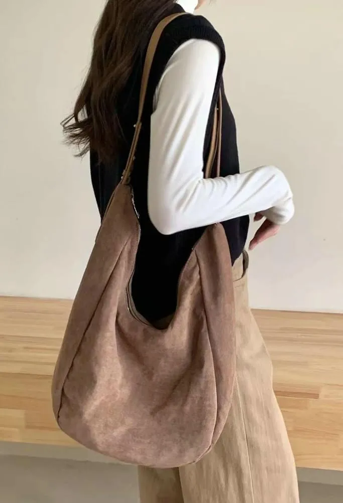 Large Suede Slouchy Tote Bag for Women Shoulder Bag Crescent Crossbody Bag Travel Purse with Adjustable Strap