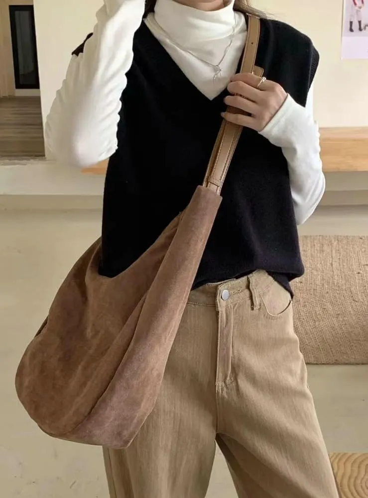 Large Suede Slouchy Tote Bag for Women Shoulder Bag Crescent Crossbody Bag Travel Purse with Adjustable Strap