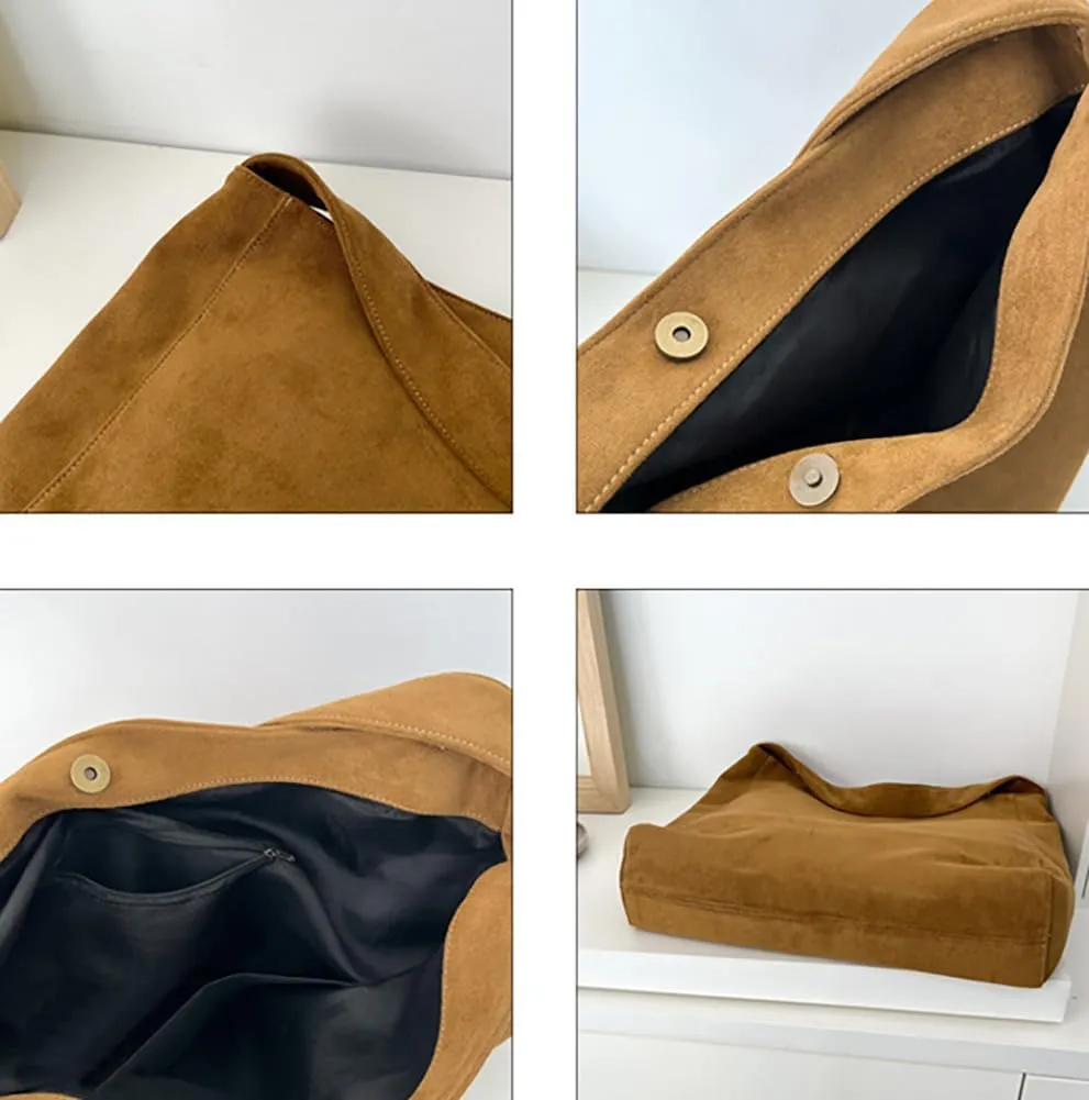 Large Suede Tote Bag For Women Slouchy Shoulder Bags Suede Purses Women’s Satchel Bag Work Handbag Crescent Bag Travel Winter