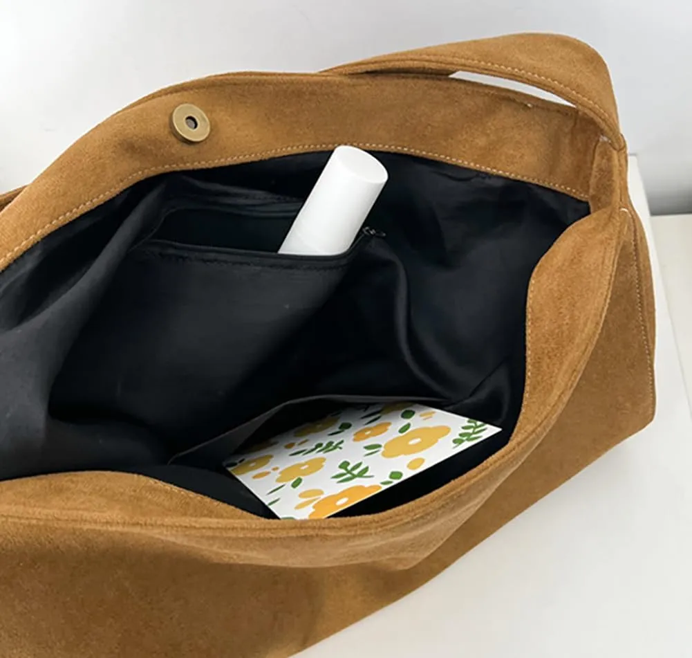 Large Suede Tote Bag For Women Slouchy Shoulder Bags Suede Purses Women’s Satchel Bag Work Handbag Crescent Bag Travel Winter