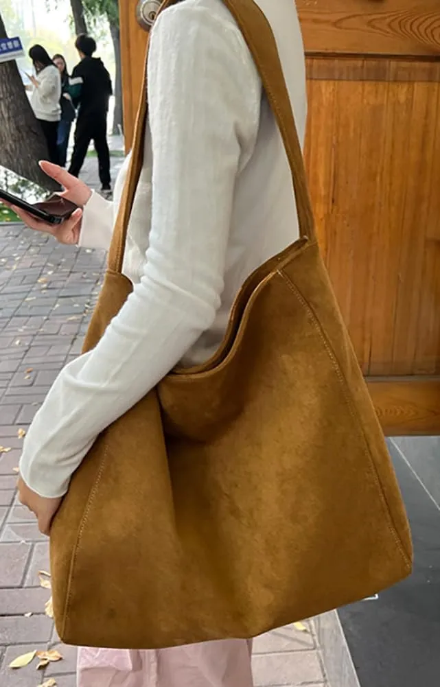 Large Suede Tote Bag For Women Slouchy Shoulder Bags Suede Purses Women’s Satchel Bag Work Handbag Crescent Bag Travel Winter