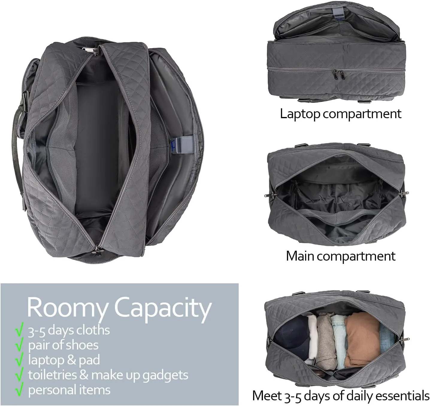 Large Travel Duffle Bag, Carry on Weekender Overnight Bag for Women, Gym Duffel Bag with Wet Pocket & Shoes Bag, Hospital Bags for Labor and Delivery, Grey