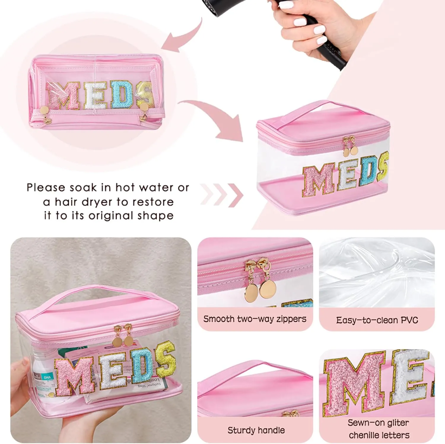 Large Waterproof Chenille Letter Medicine Clear Makeup Bag, Transparent PVC Nylon Preppy Patch Cosmetic Bag with Handle, Portable Meds First Aid Travel Organizer Cosmetic Bag (05MEDS-Hot Pink)