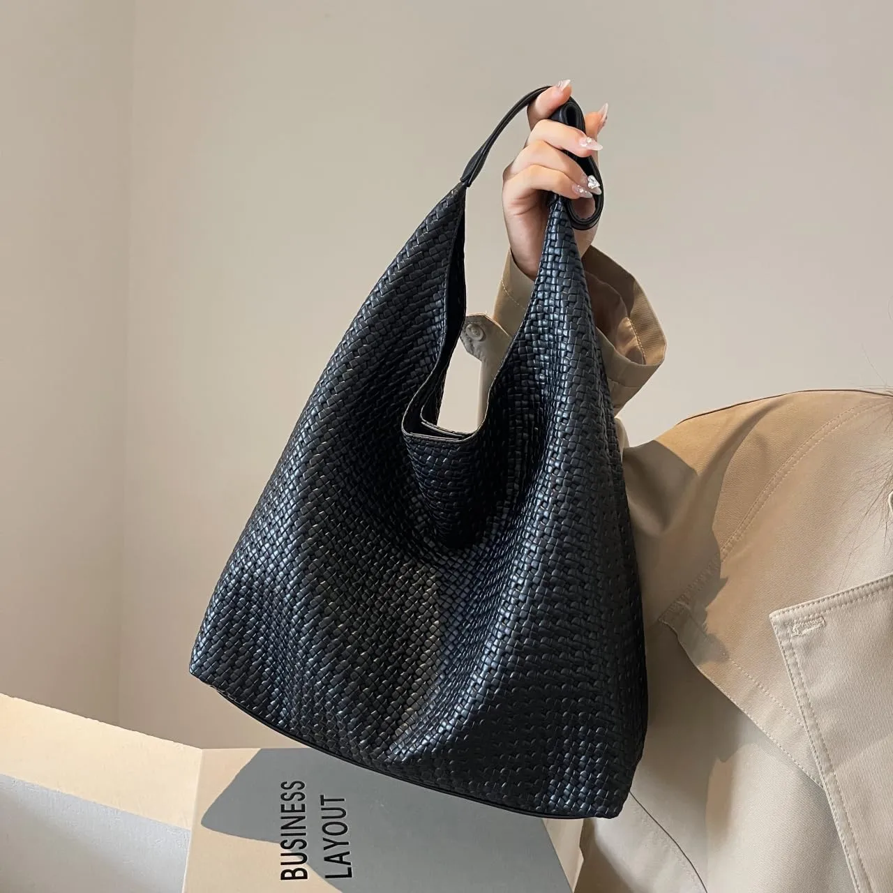 Large Woven Tote Bag for Women Top-handle Shoulder Bag Hobo Bags Soft Vegan Trendy Handbag Purse Lightweight Underarm