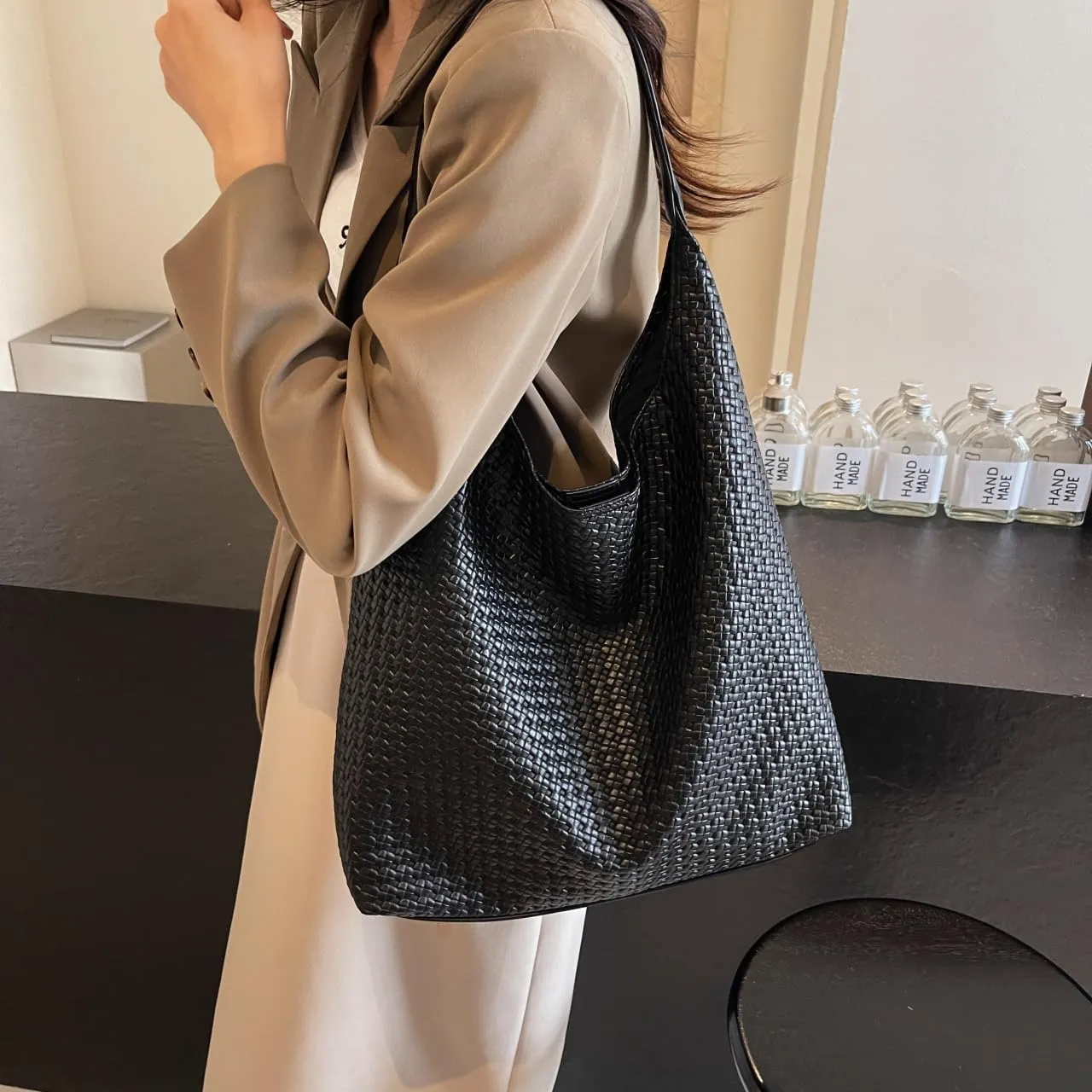 Large Woven Tote Bag for Women Top-handle Shoulder Bag Hobo Bags Soft Vegan Trendy Handbag Purse Lightweight Underarm