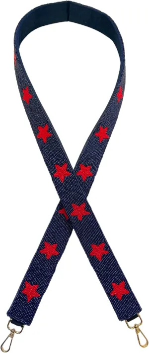 Lashicorn Navy Blue with Red Stars Beaded Purse Strap 49” Gold Clasp Game Day Buffalo Houston New York Arizona Clear Stadium Bag
