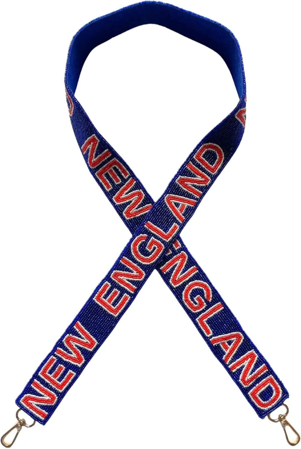 Lashicorn New England Navy Blue Beaded Purse Strap Red Letters 49” Pro Football Stadium Approved Clear Bag Patriot Gold Hardware Sports College Atlantic Massachusetts Maine