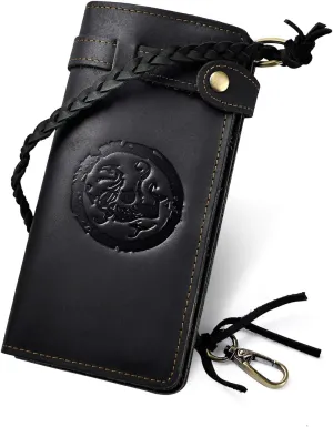 Le'aokuu Mens Genuine Leather Bifold Wallet Organizer Checkbook Removable Chain Wallet