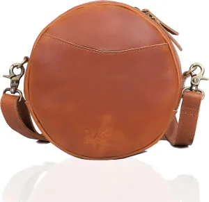 Leather Crossbody Bags for Women Trendy Circle Cross Body Shoulder Bag Designer Round Purses (Tan)