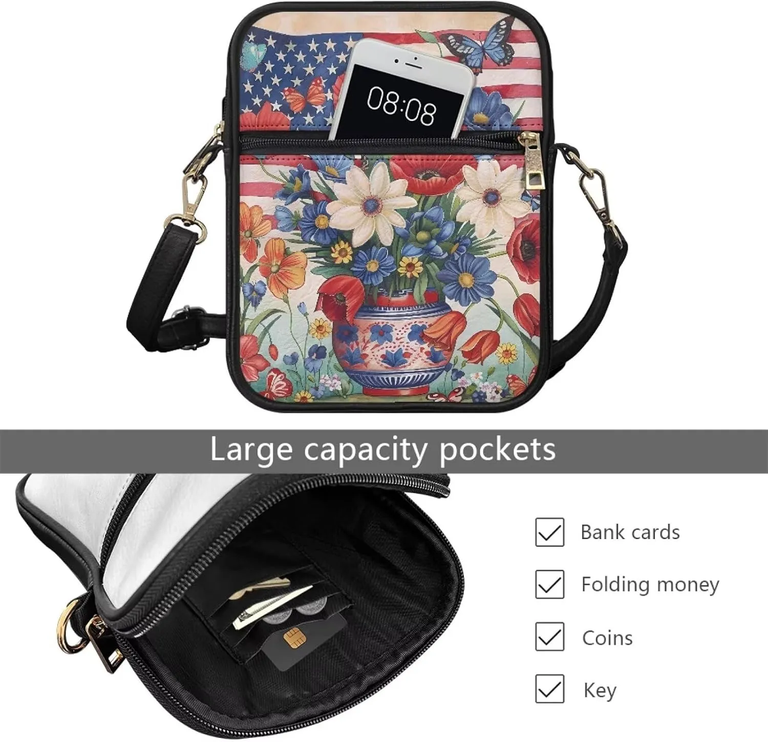 Leather Messenger Bags Crossbody Phone Wallet Purse Bag with Front Zipper Pocket and Card Slots